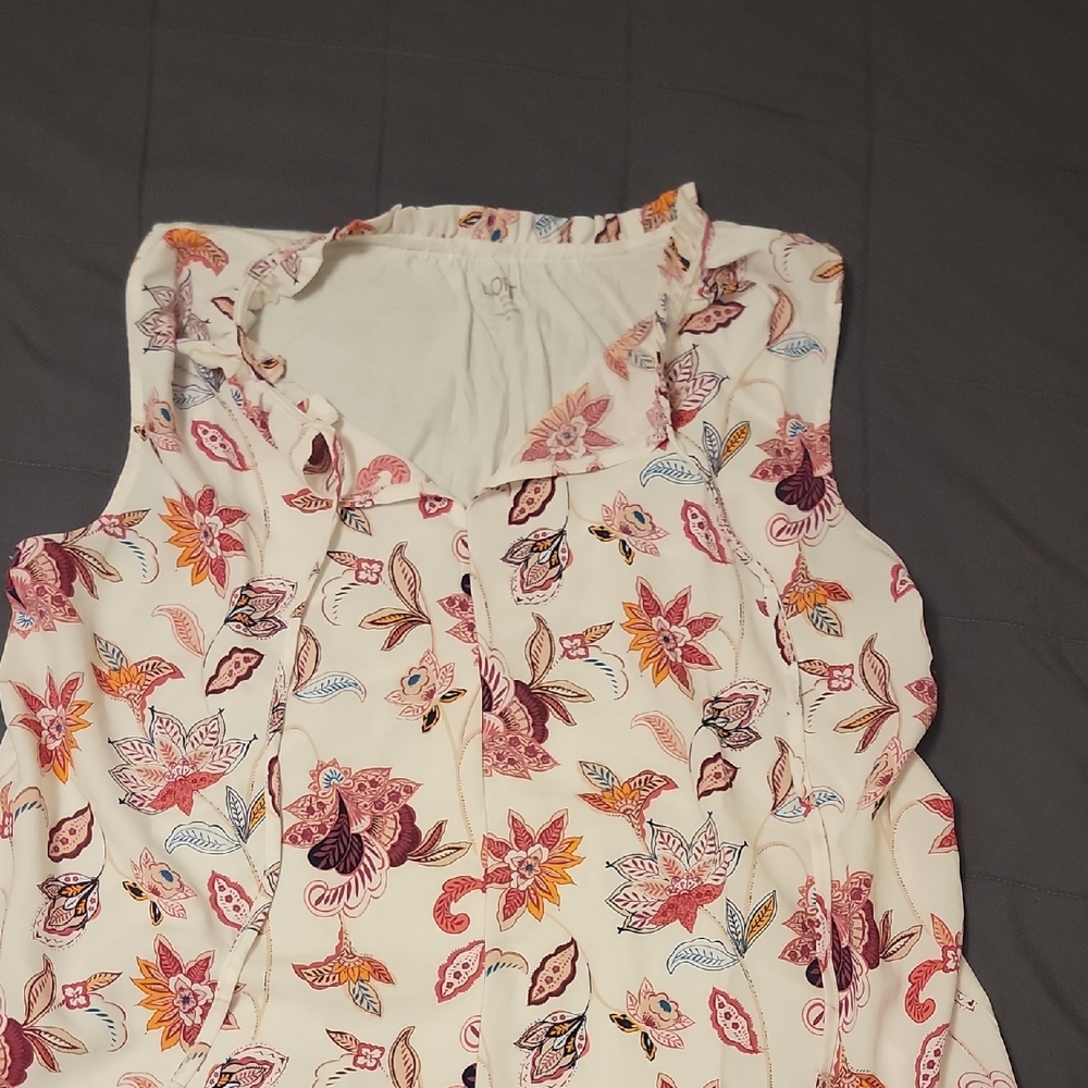 LOFT Cream Floral Sleeveless V-Neck Camisole with Pink & Orange Accents